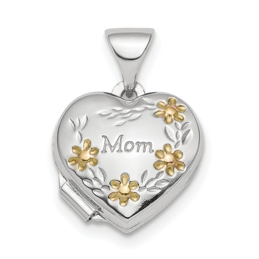 Sterling Silver Rhodium-Plated & Gold-Tone Floral Mom Heart Locket