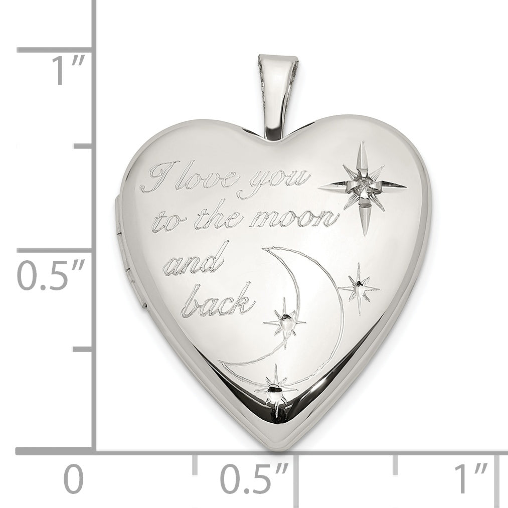 Sterling Silver Rhod-Pltd 20mm Love To The Moon Diamond Heart Locket