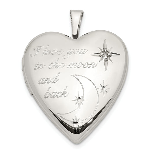 Sterling Silver Rhod-Pltd 20mm Love To The Moon Diamond Heart Locket