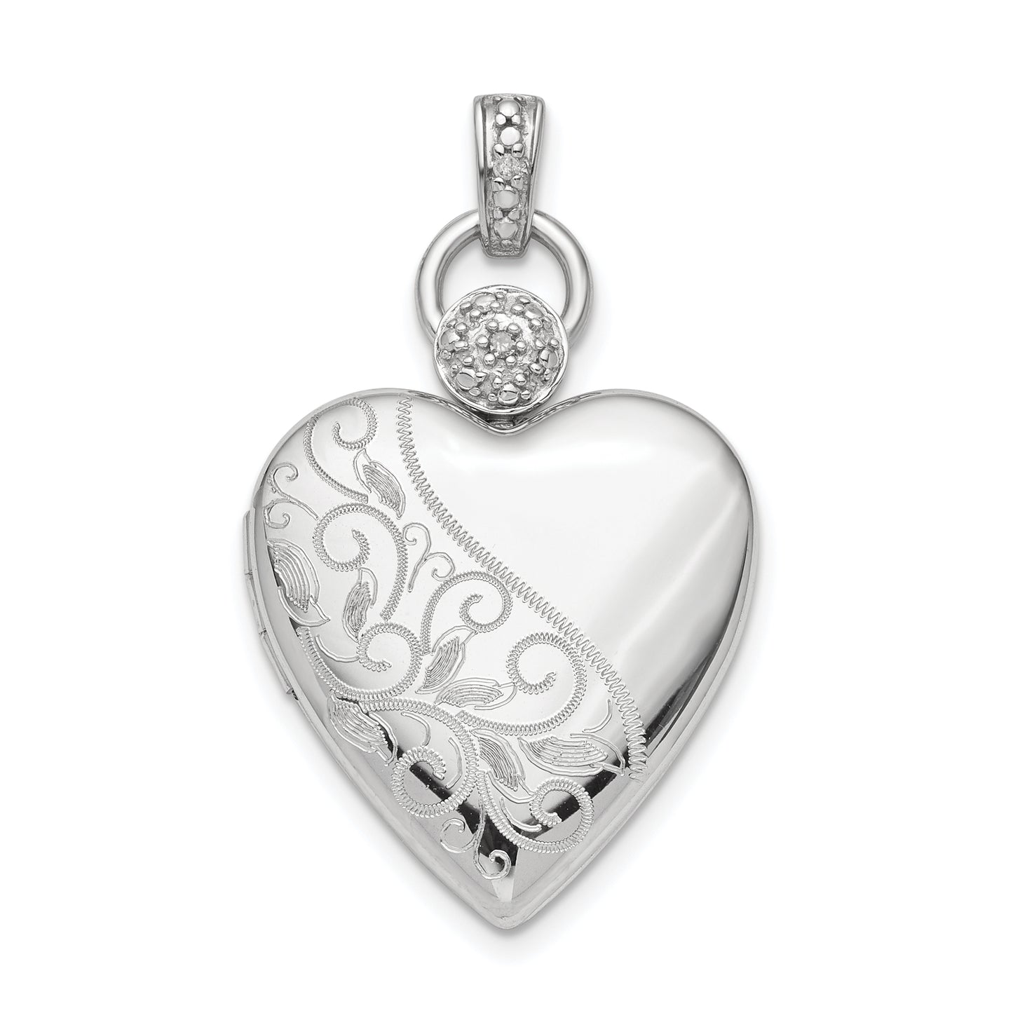 Sterling Silver Rhodium-Plated 21mm Heart Dia. Accent D/C Satin Locket