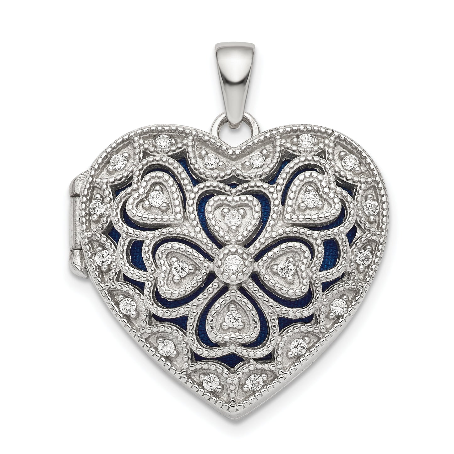 Sterling Silver Rhodium-Plated Fancy Cz Heart Locket