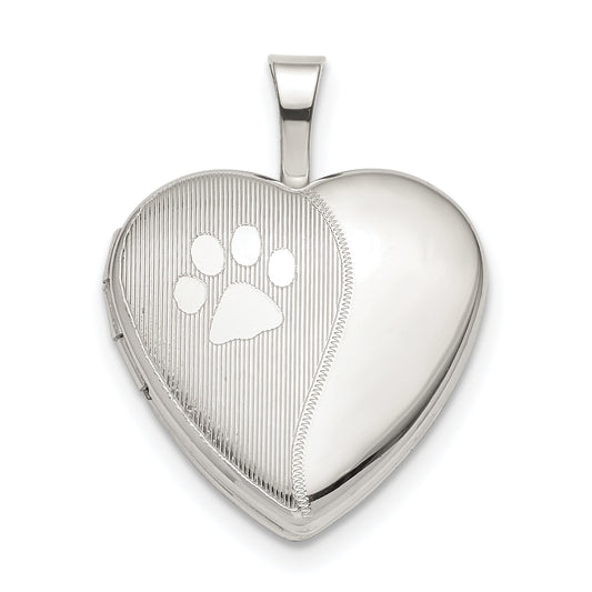 Sterling Silver Rhodium-Plated 16mm Paw Print Heart Locket