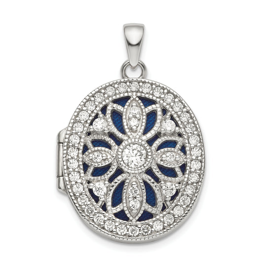 Sterling Silver Rhodium-Plated Fancy Cz Oval Locket