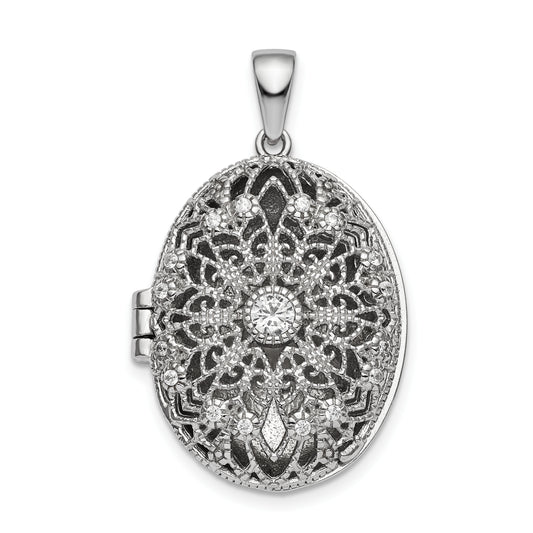 Sterling Silver Rhodium-Plated Cz Filigree Top Polished Back Oval Locket