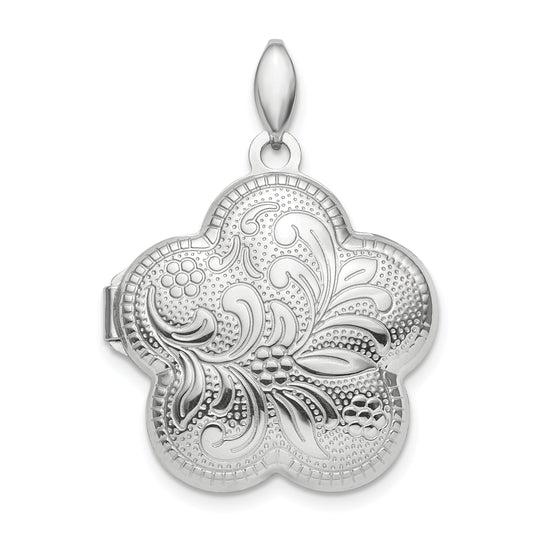 Sterling Silver Rhodium-Plated Polished 21mm Domed Swirl Flower Locket