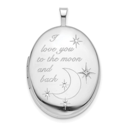 Sterling Silver Rhod-Pltd 20mm Love To The Moon Diamond Oval Locket