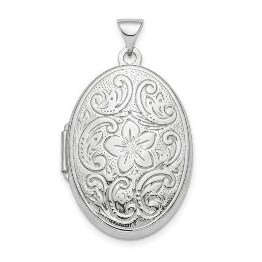 Sterling Silver Rhod-Plated Floral Swirl Reversible 26mm Oval Locket