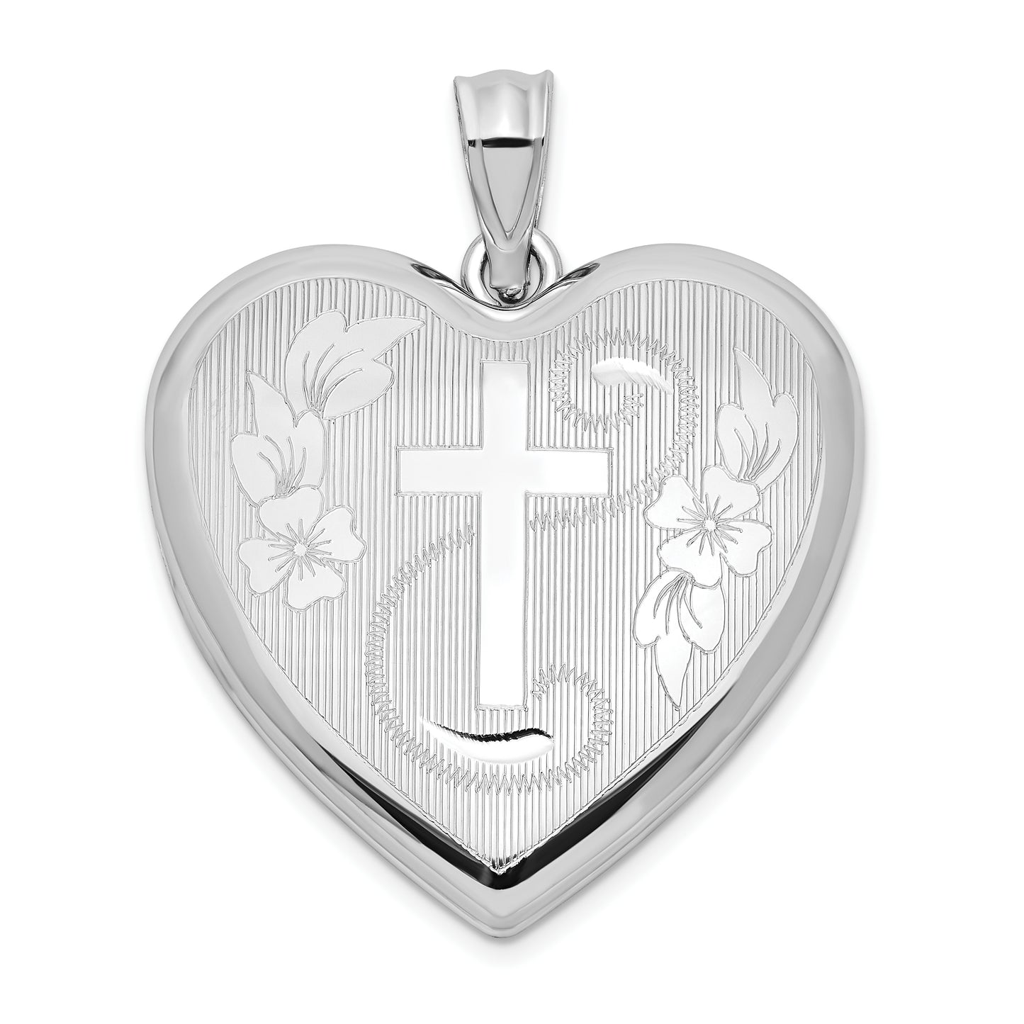 Sterling Silver Rhodium-Plated 24mm D/C Cross Ash Holder Heart Locket