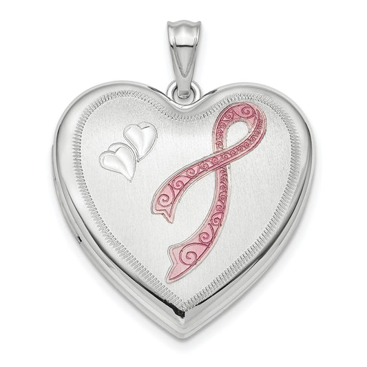 Sterling Silver Rhod-Plated 24mm Enamel & D/C Pink Ribbon Ash Holder Locket