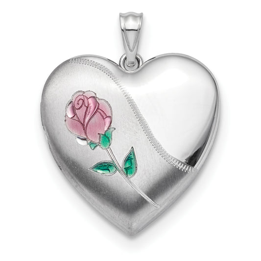 Sterling Silver Rhodium-Plated Satin Enamel Rose Ash Holder Heart Locket