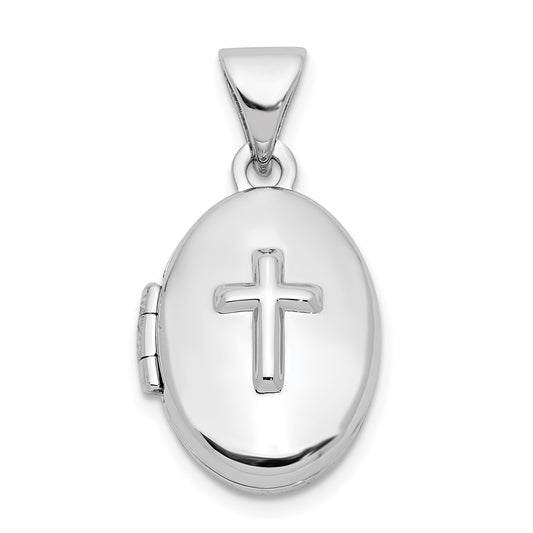 Sterling Silver Rhodium-Plated Cross 16mm Oval Locket