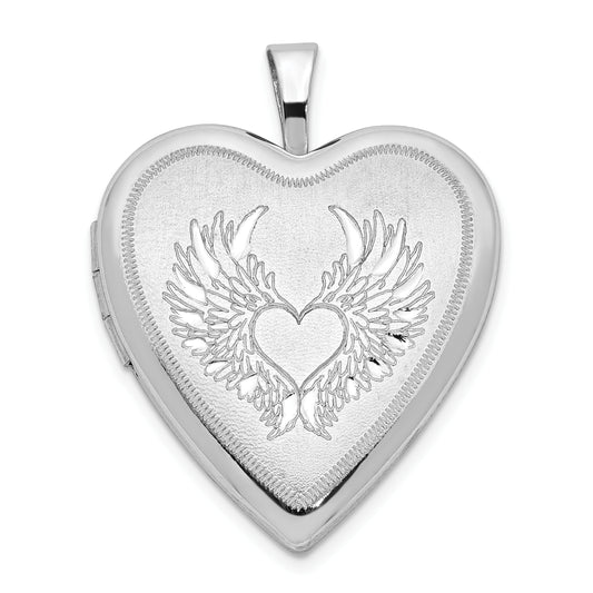 Sterling Silver Rhod-Pltd 21mm Satin/Polished Heart W/Wings Locket