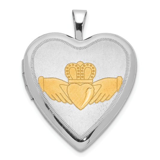 Sterling Silver 20mm Gold-Tone Satin & Polished D/C Claddagh Heart Locket