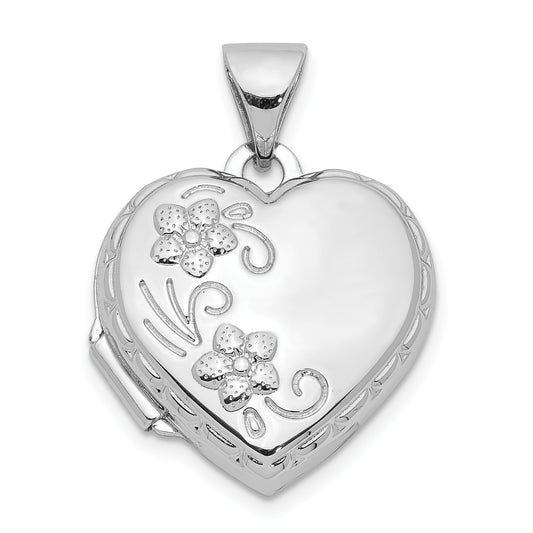 Sterling Silver Rhodium-Plated 15mm Floral Heart Locket