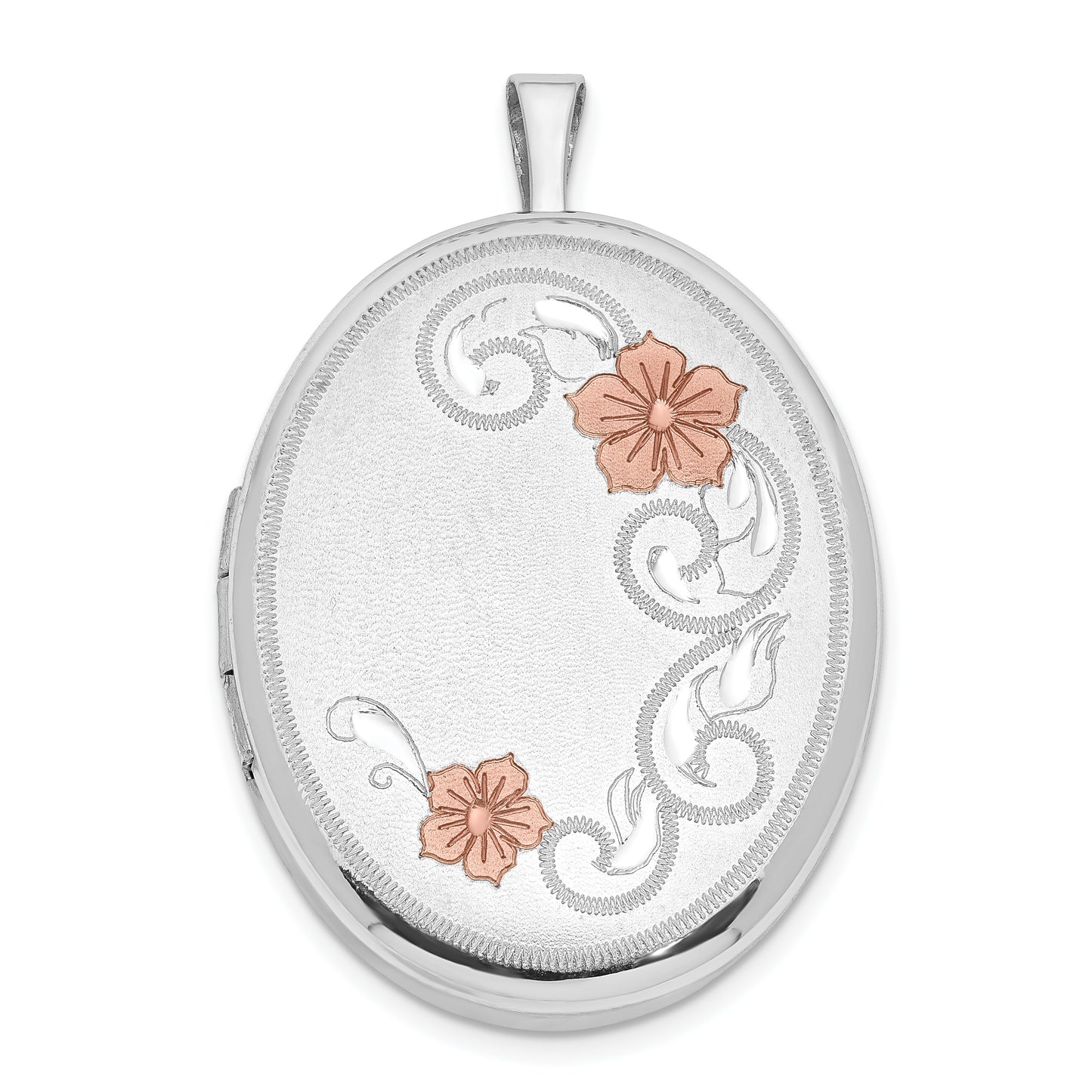 Sterling Silver Rh 26mm Satin / Polished Enameled Flower D/C Oval Locket