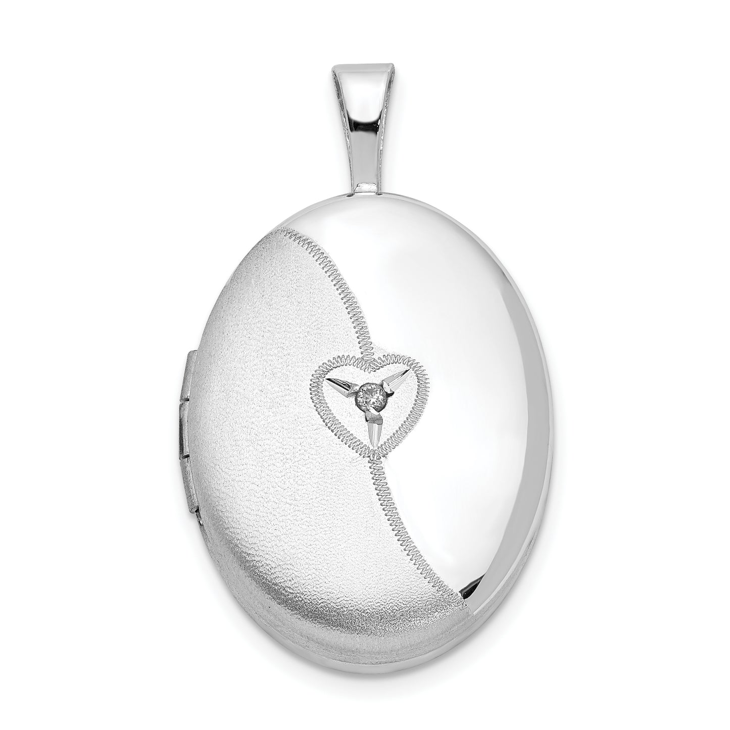 Sterling Silver Rhod-Plated 19mm Diamond Satin & Polished Heart Oval Locket