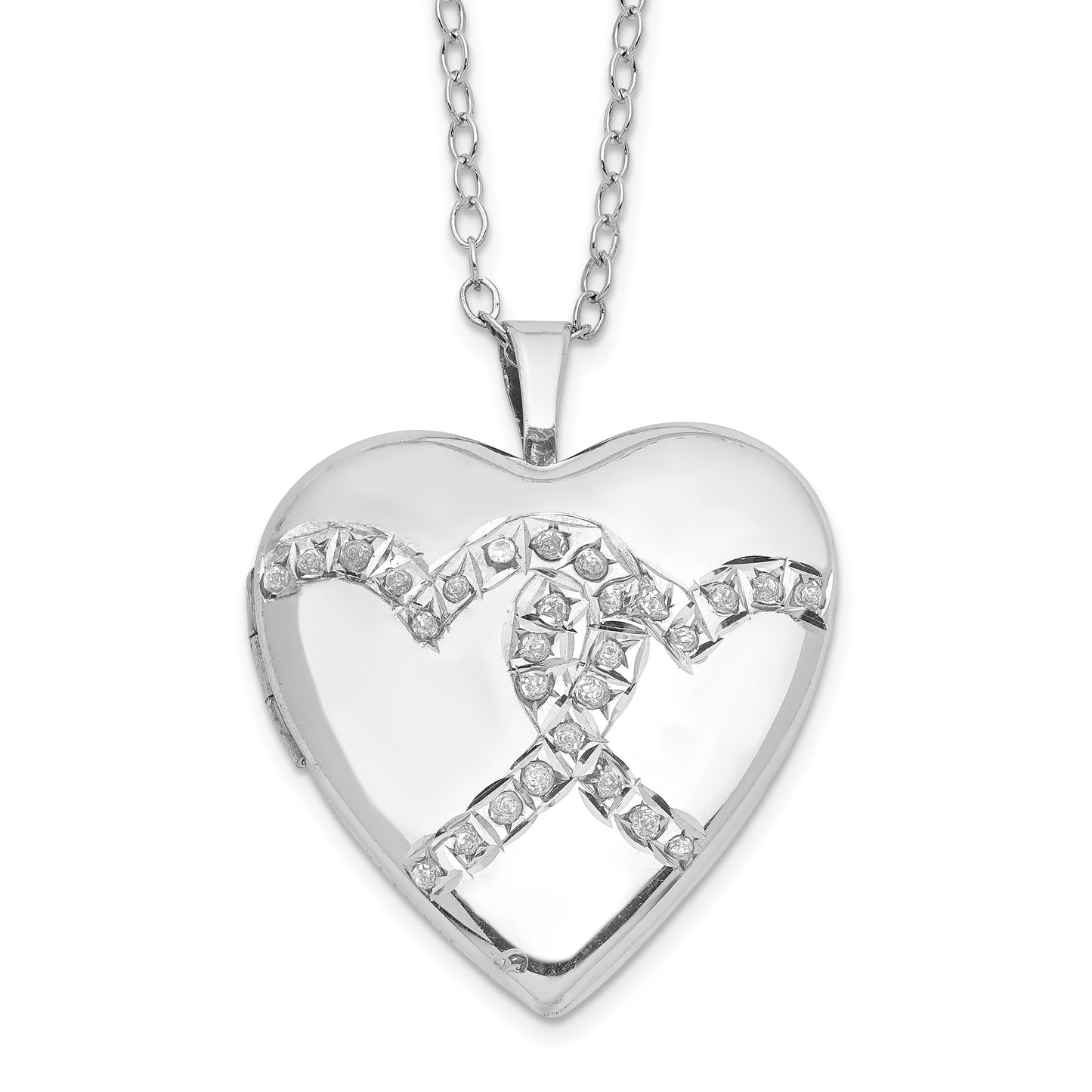 Sterling Silver Diamond Fascination Mystique Platinum-Plated Double Heart Locket 18 Inch Necklace