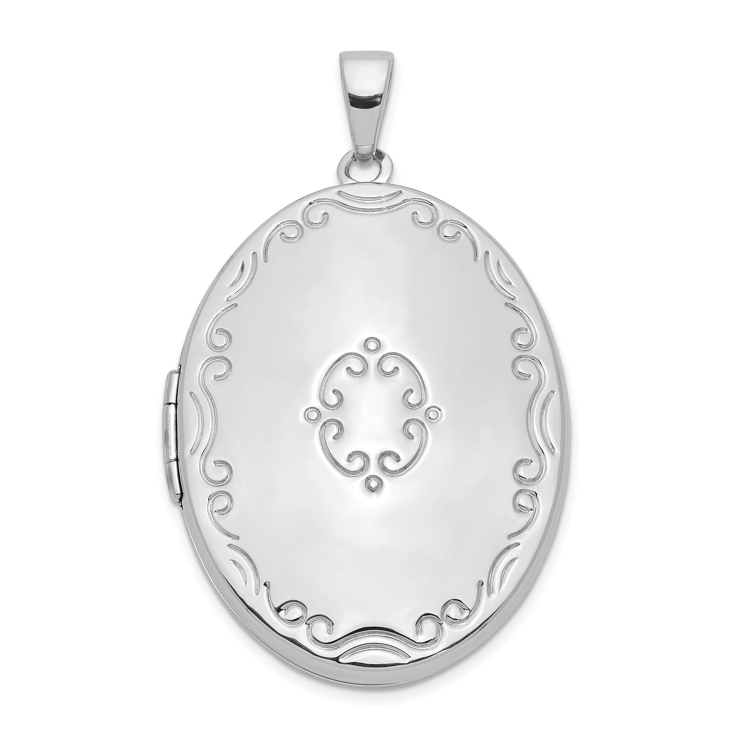 Sterling Silver Rhod-Pltd Scroll Border 33mm Oval 4 Photo Family Locket