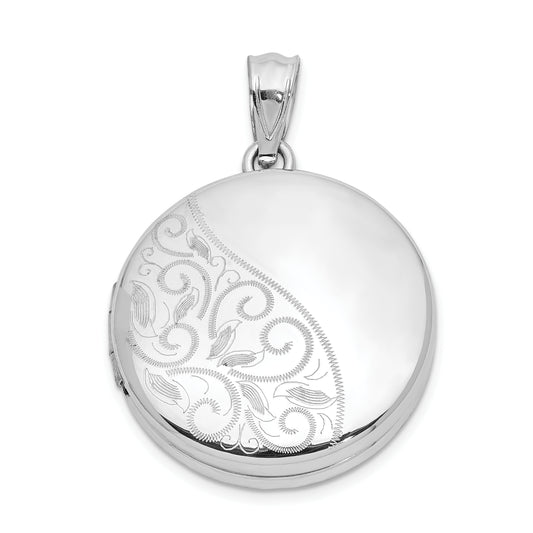 Sterling Silver Rhodium-Plated 20mm Polished Scrolled Round Locket