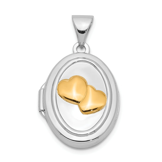 Ss/Gold Plated Sterling Silver Rhod-Pltd W/Yellow Rhod 17mm Two Hearts Oval Locket