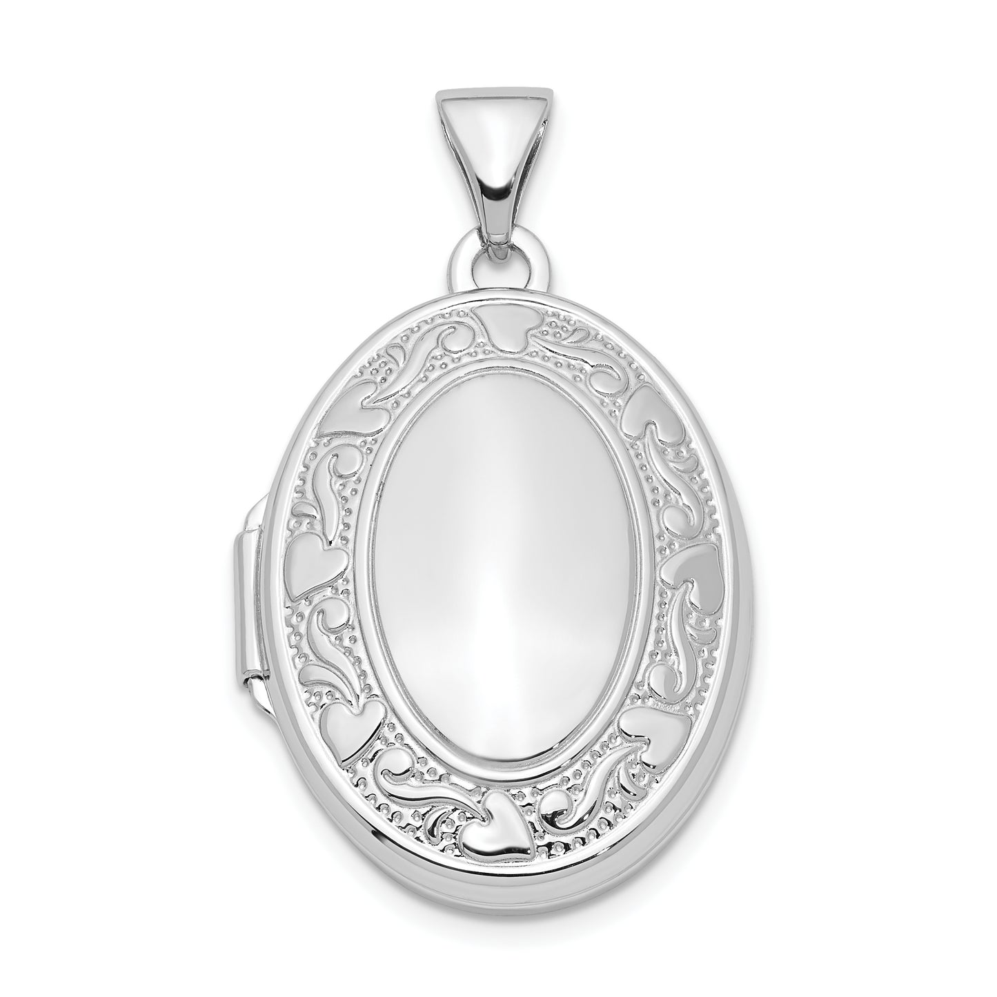 Sterling Silver Rhodium-Plated 21mm Heart Border Oval Locket