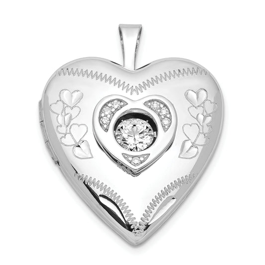 Sterling Silver Rhodium-Plated Diamond & Vibrant Cz Heart Locket