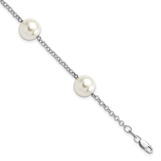 7.5 Inch Majestik Sterling Silver Rhodium-Plated 10-11mm White Imitation Shell Pearl Hand-Knotted 4 Station Bracelet