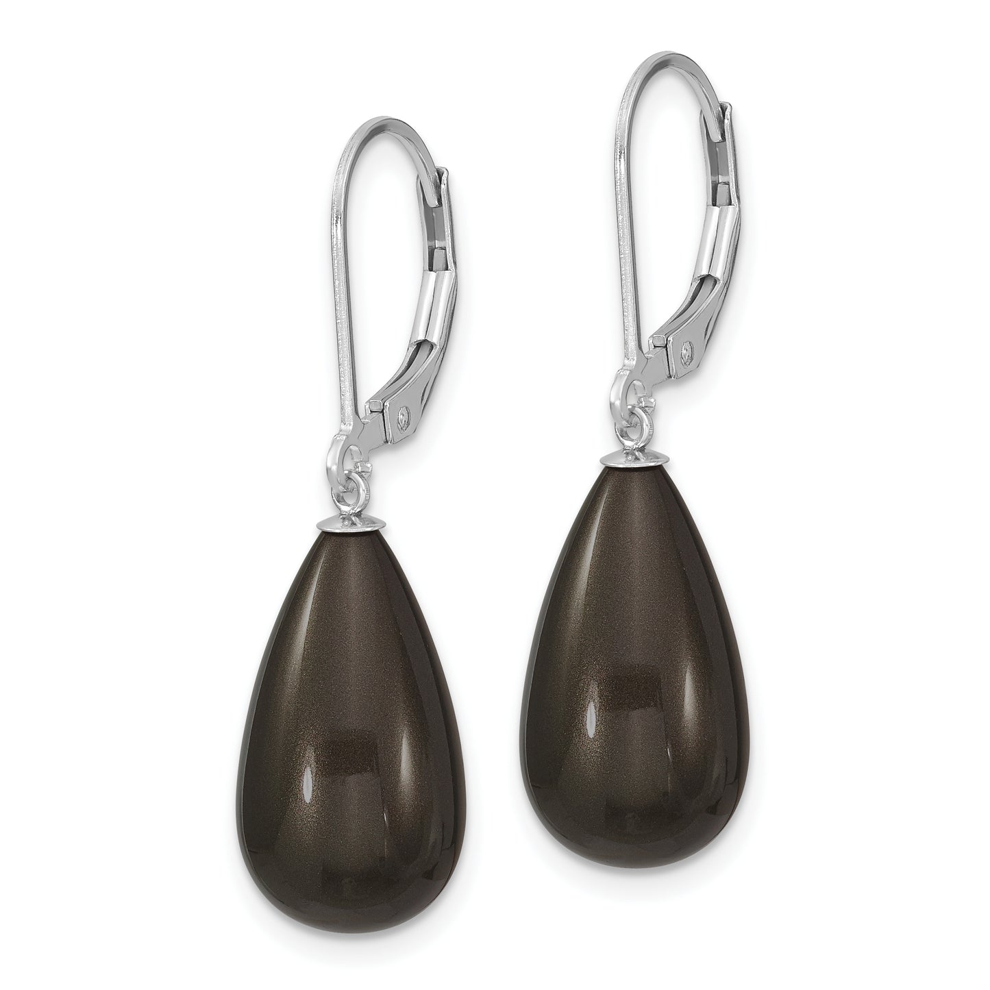 Sterling Silver Majestik Rhodium-Plated 10X18mm Teardrop Black Imitation Shell Pearl Leverback Dangle Earrings