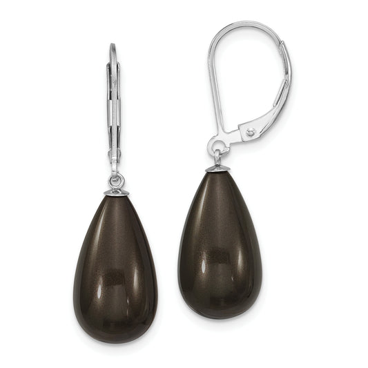 Sterling Silver Majestik Rhodium-Plated 10X18mm Teardrop Black Imitation Shell Pearl Leverback Dangle Earrings