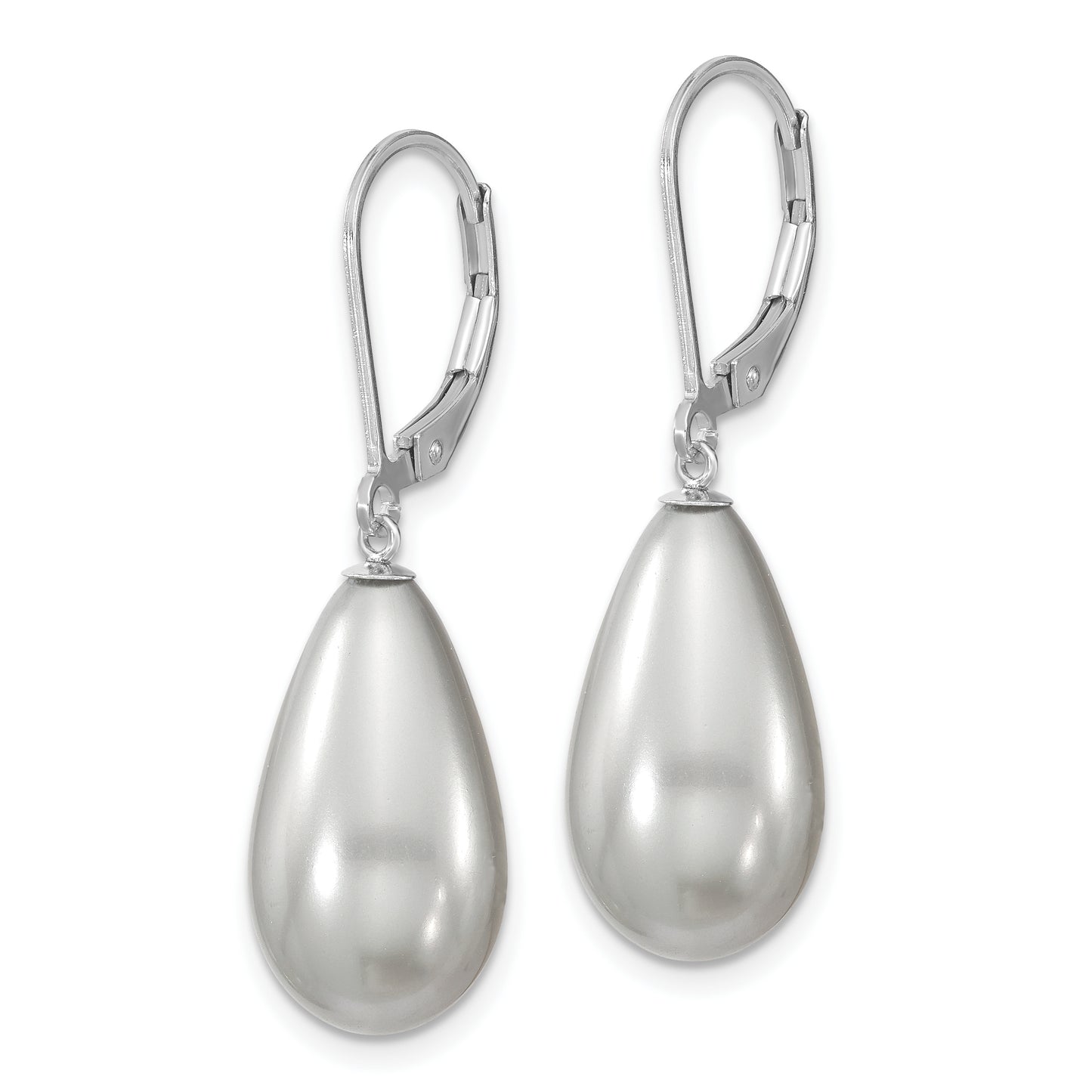 Sterling Silver Majestik Rhodium-Plated 10X18mm Teardrop Grey Imitation Shell Pearl Leverback Dangle Earrings