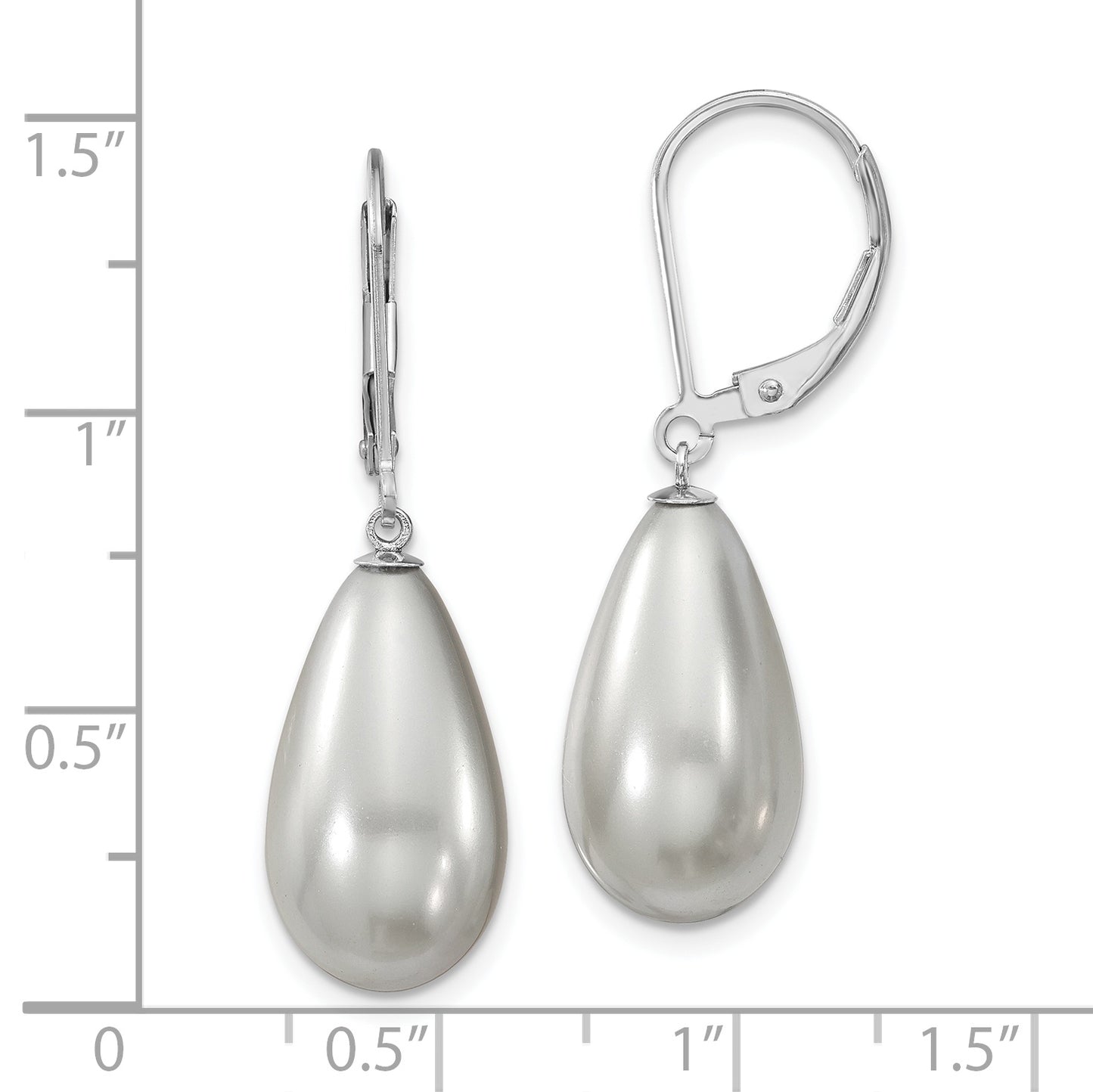 Sterling Silver Majestik Rhodium-Plated 10X18mm Teardrop Grey Imitation Shell Pearl Leverback Dangle Earrings