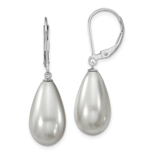 Sterling Silver Majestik Rhodium-Plated 10X18mm Teardrop Grey Imitation Shell Pearl Leverback Dangle Earrings