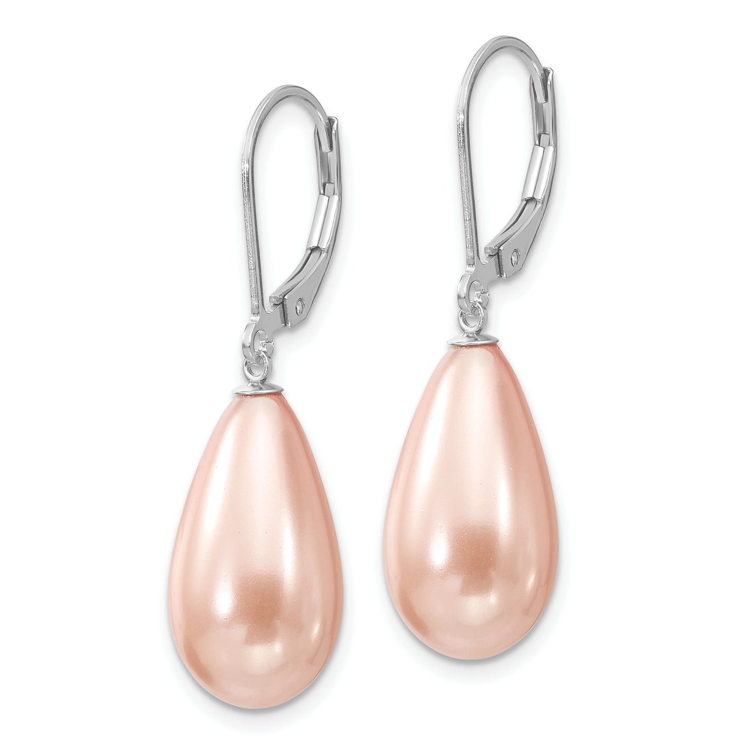 Sterling Silver Majestik Rhodium-Plated 10X18mm Teardrop Pink Imitation Shell Pearl Leverback Dangle Earrings