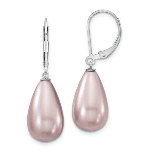 Sterling Silver Majestik Rhodium-Plated 10X18mm Teardrop Purple Imitation Shell Pearl Leverback Dangle Earrings