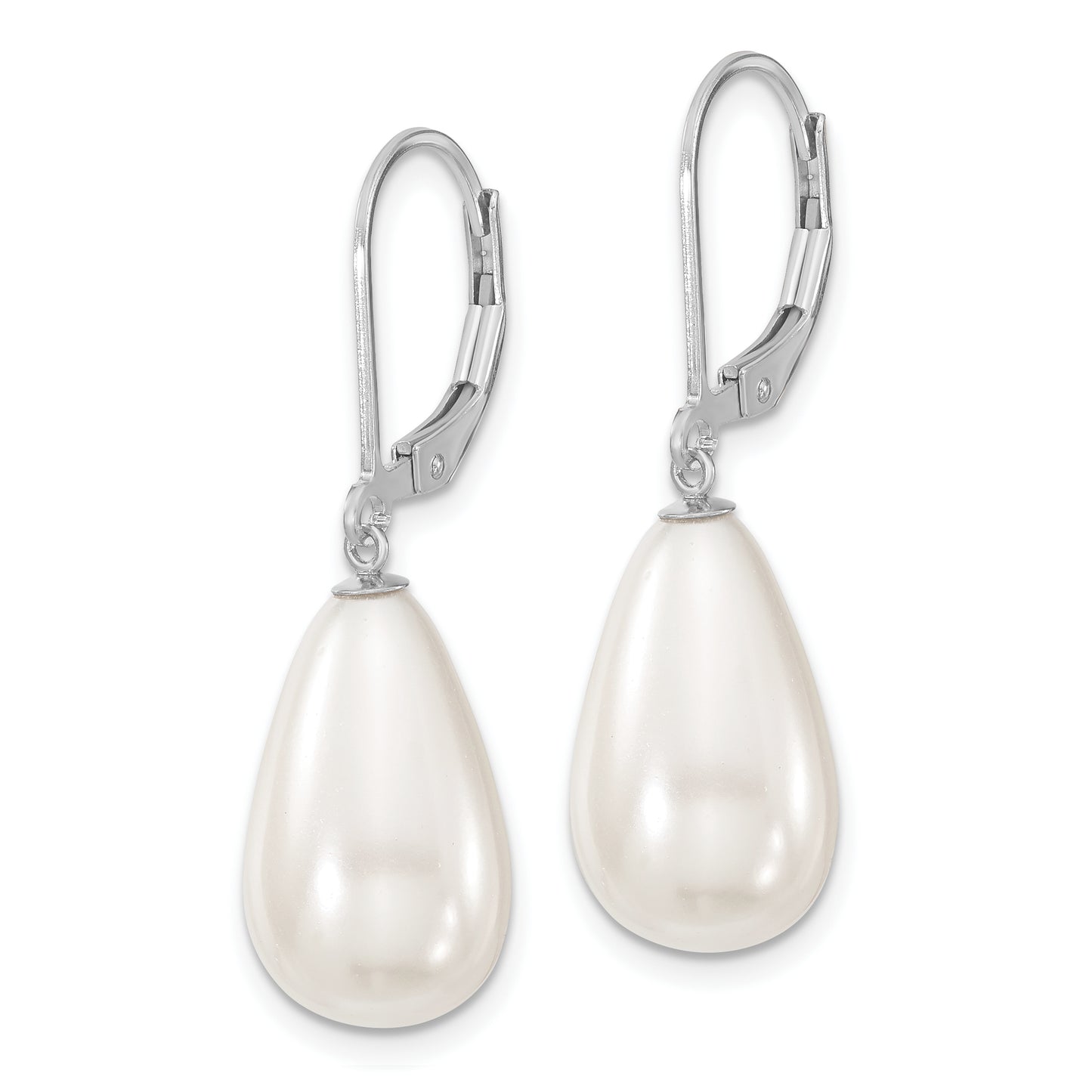 Sterling Silver Majestik Rhodium-Plated 10X18mm Teardrop White Imitation Shell Pearl Leverback Dangle Earrings