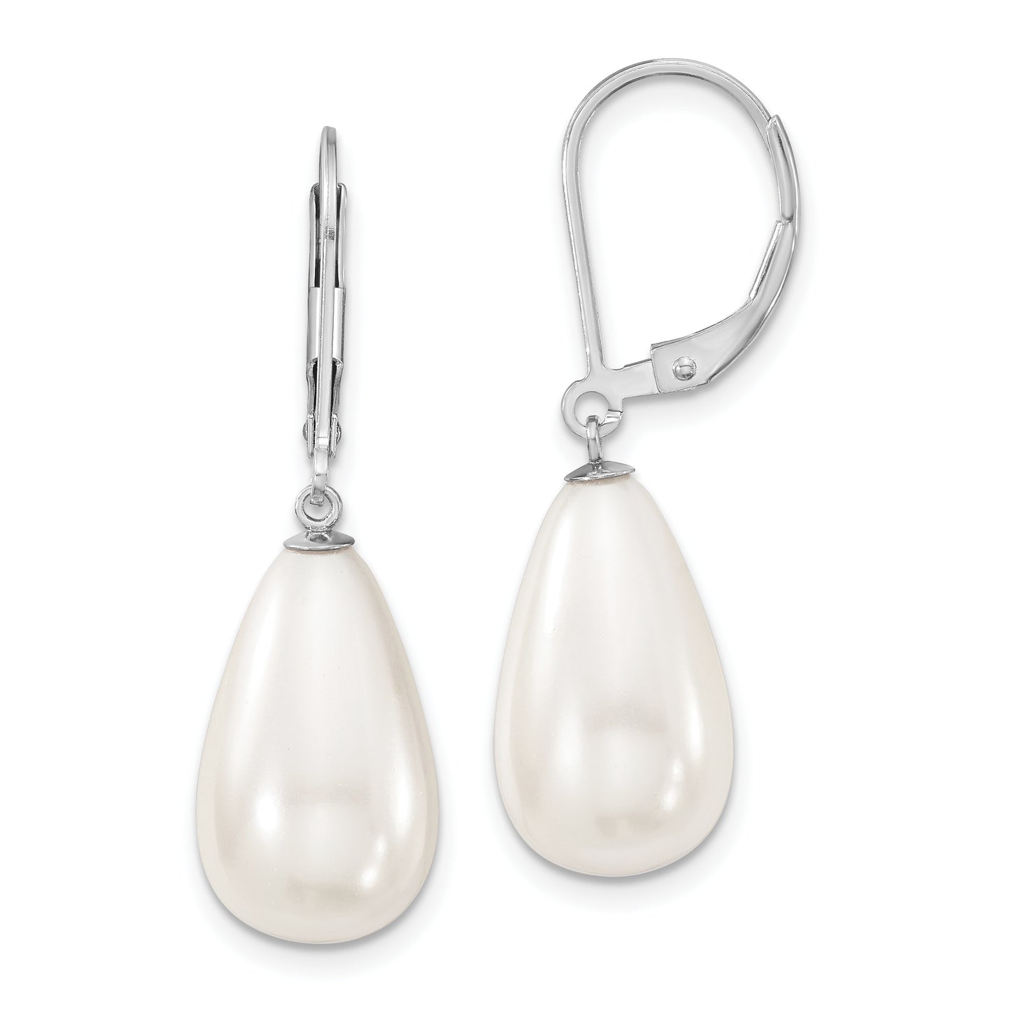 Sterling Silver Majestik Rhodium-Plated 10X18mm Teardrop White Imitation Shell Pearl Leverback Dangle Earrings