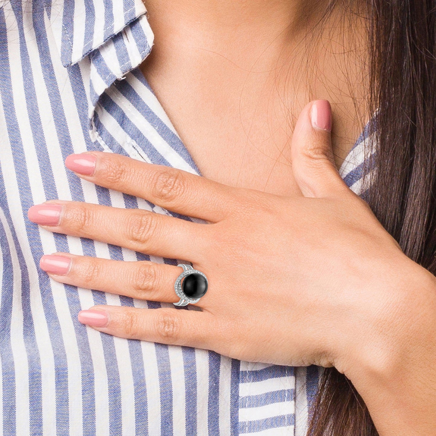 Sterling Silver Majestik Rhodium-Plated Size 6 12-13mm Black Imitation Shell Pearl And Cz Ring