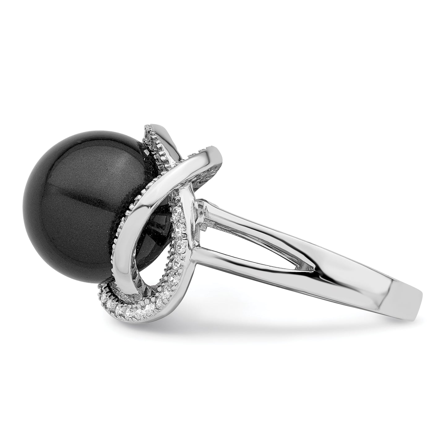 Sterling Silver Majestik Rhodium-Plated Size 8 12-13mm Black Imitation Shell Pearl And Cz Ring