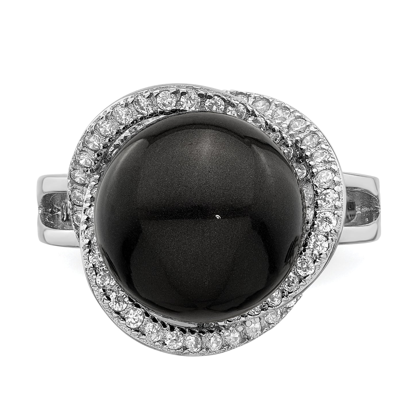 Sterling Silver Majestik Rhodium-Plated Size 8 12-13mm Black Imitation Shell Pearl And Cz Ring