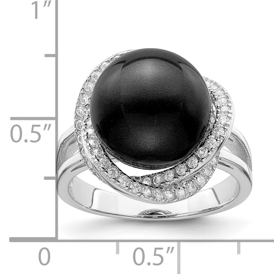 Sterling Silver Majestik Rhodium-Plated Size 6 12-13mm Black Imitation Shell Pearl And Cz Ring