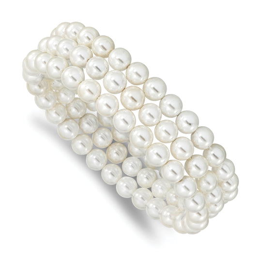 Fashion Majestik 7-8mm White Imitation Shell Pearl Hand-Knotted Set Of 3 Stretch Bracelets