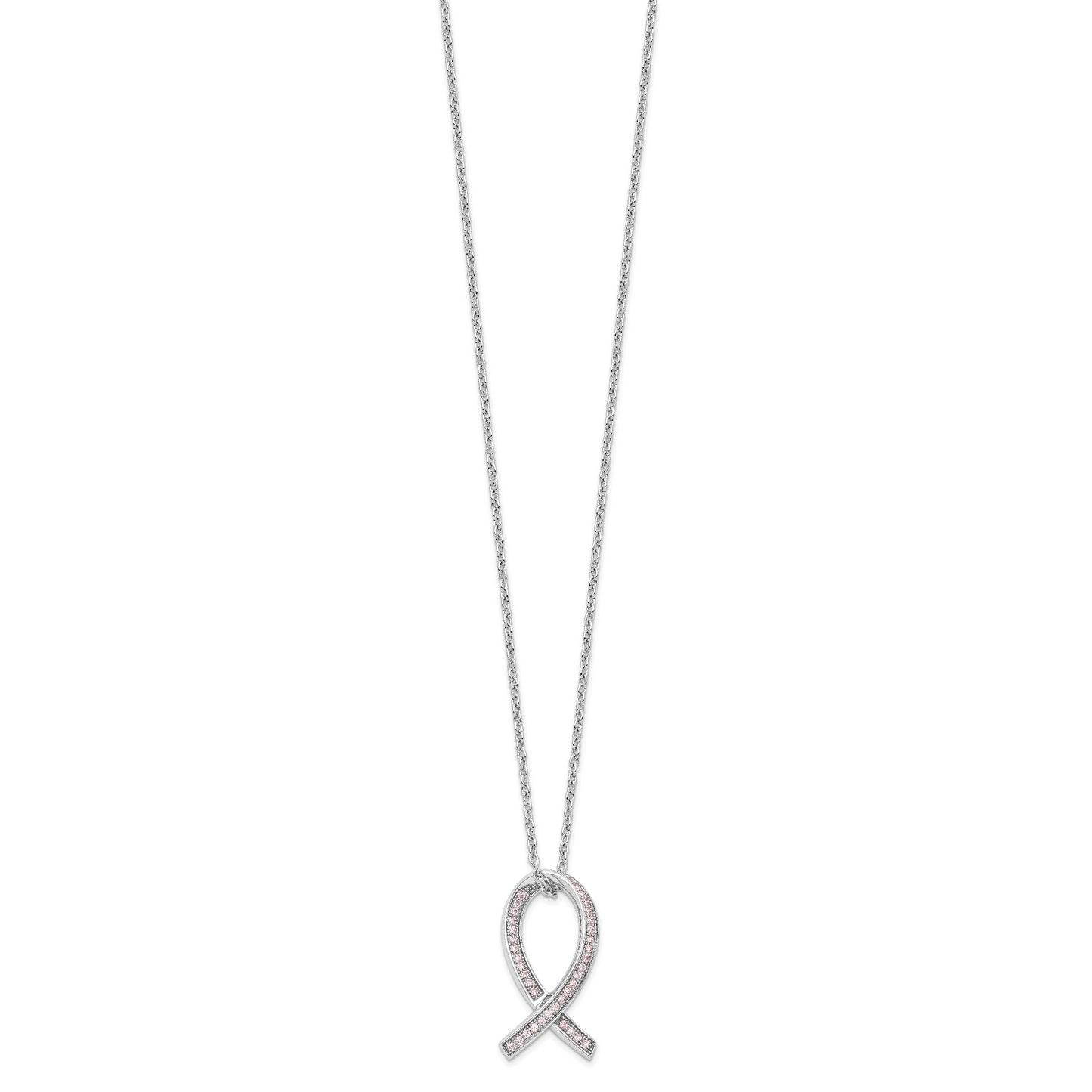 Sterling Silver Brilliant Embers Rhodium-Plated 38 Stone 18 Inch Micro Pav Pink Cz Awareness Ribbon Necklace With 2 Extender