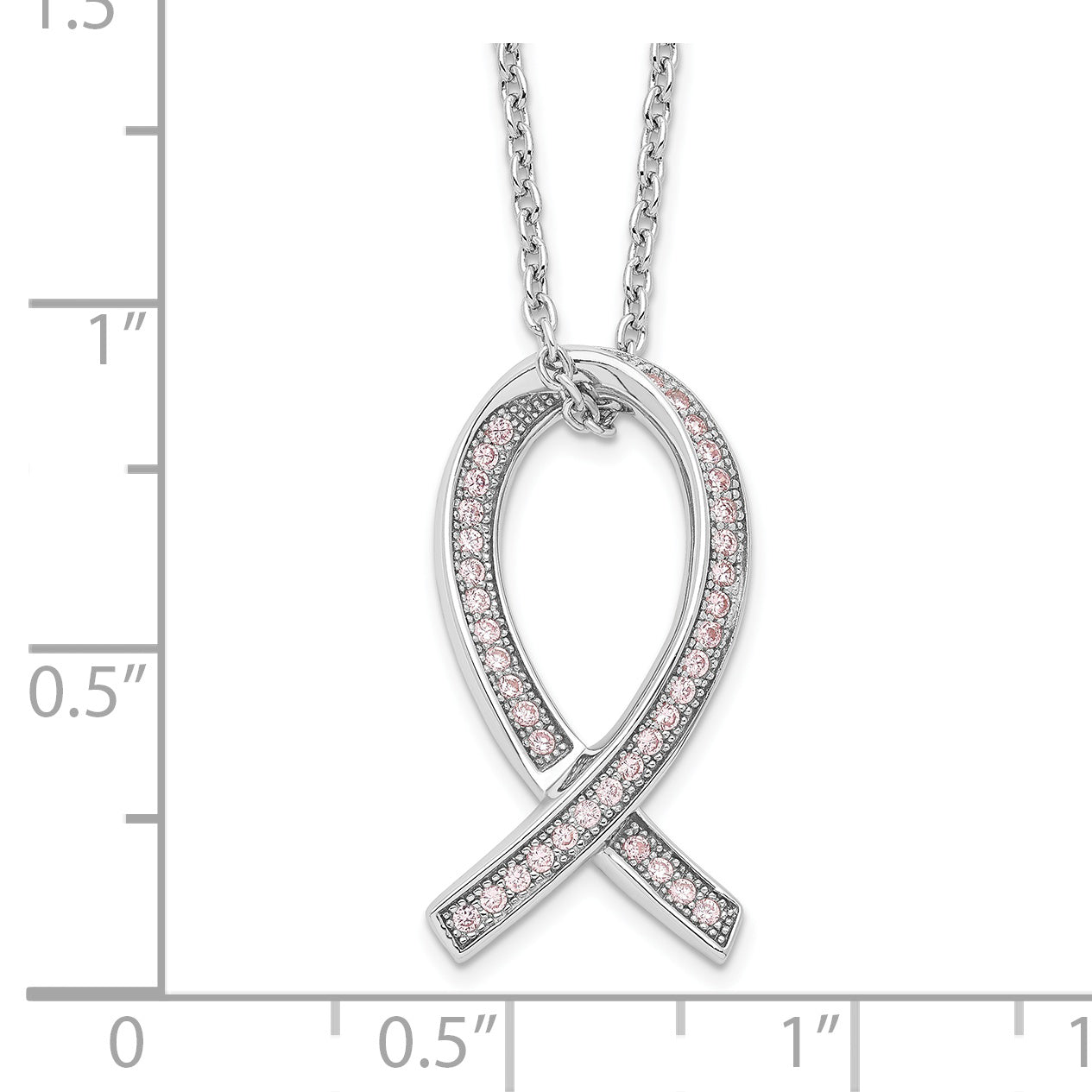 Sterling Silver Brilliant Embers Rhodium-Plated 38 Stone 18 Inch Micro Pav Pink Cz Awareness Ribbon Necklace With 2 Extender