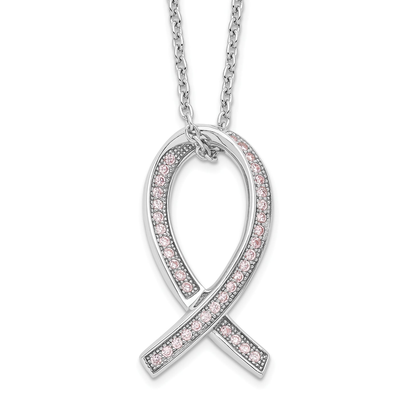 Sterling Silver Brilliant Embers Rhodium-Plated 38 Stone 18 Inch Micro Pav Pink Cz Awareness Ribbon Necklace With 2 Extender