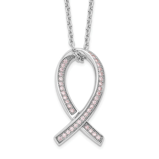 Sterling Silver Brilliant Embers Rhodium-Plated 38 Stone 18 Inch Micro Pav Pink Cz Awareness Ribbon Necklace With 2 Extender