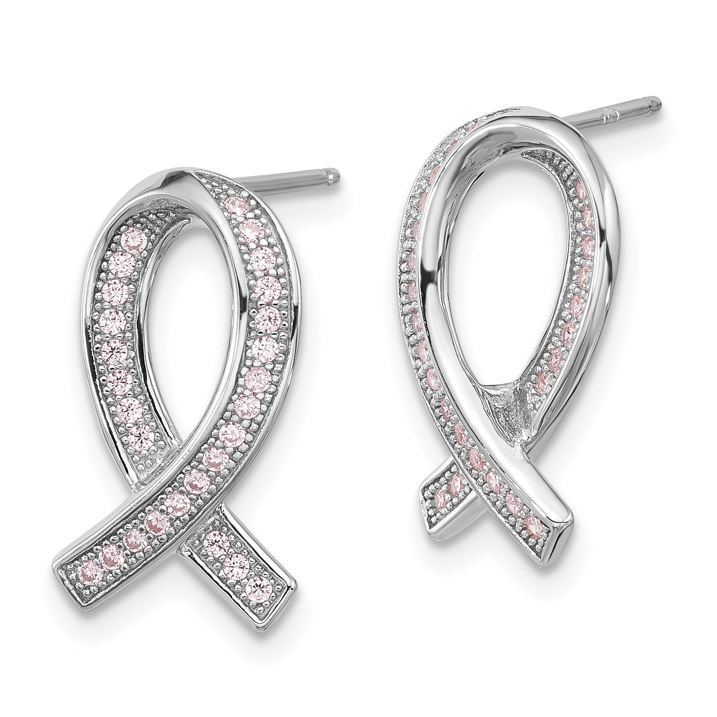 Sterling Silver Brilliant Embers Rhodium-Plated 52 Stone Micro Pav Pink Cz Awareness Ribbon Post Earrings