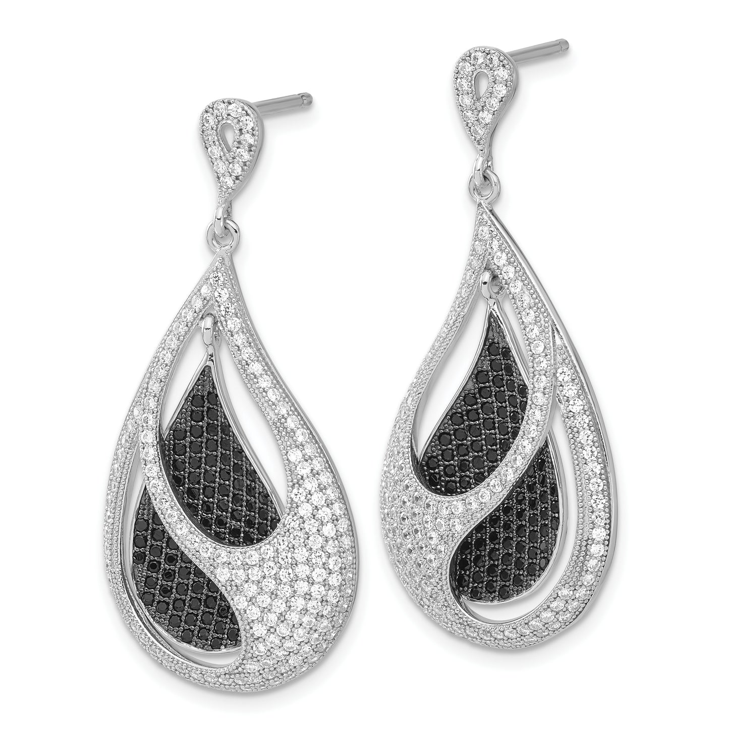 Sterling Silver Ture Fire Black And Clear Cz Teardrop Post Dangle Earrings