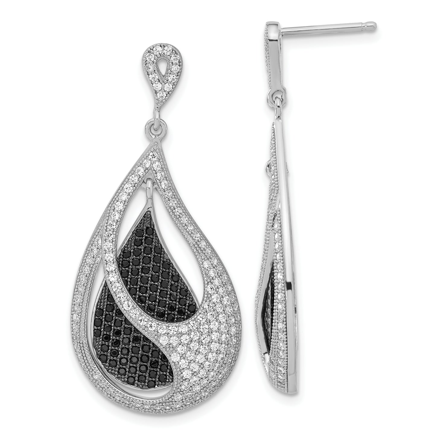 Sterling Silver Ture Fire Black And Clear Cz Teardrop Post Dangle Earrings