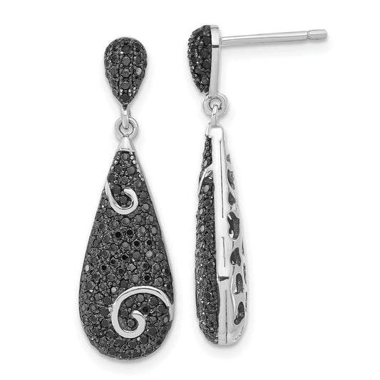 Sterling Silver True Fire Swirl Accent Black Cz Teardrop Post Dangle Earrings