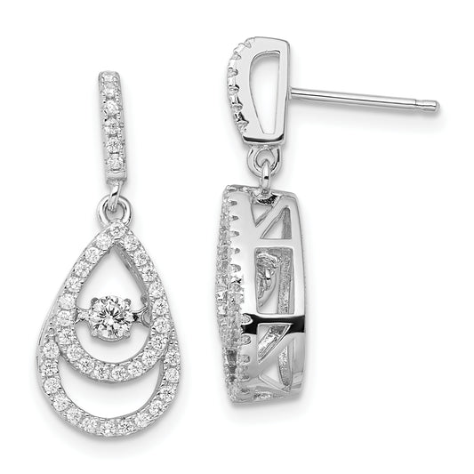 Sterling Silver Brilliant Embers Rhodium-Plated 82 Stone Cz Moving Center Pear Shaped Vibrant With Micro Pav Dangle Post Earrings